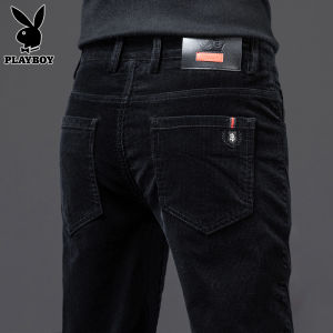 Playboy Mens Casual Pants Autumn Winter Corduroy Slim Straight Fashionable Fleece Black Long Trousers mid Waist Zipper