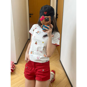 Summer Casual Style Womens T-shirt HelloKitty Cartoon Full Print Short Sleeve round Neck Cotton Blend Thin Fabric T-shirt
