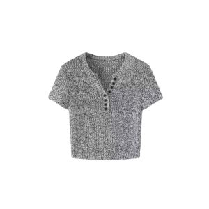 YUEZHONGWEI | Áo thun tay ngắn cổ chữ V màu xám ôm vừa vặn mùa hè cho nữ thiết kế nhỏ gọn phong cách Hàn Quốc chất liệu cotton thường