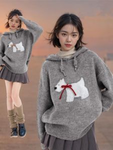 หนาขึ้น มีฮู้ด เสื้อสเวตเตอร์ถัก สําหรับผู้หญิง ลายสุนัขสีเทา ฤดูหนาว ฤดูใบไม้ร่วง เสื้อผ้าชั้นใน ลำลอง สตรีทสไตล์ แขนยาว เสื้อสวม