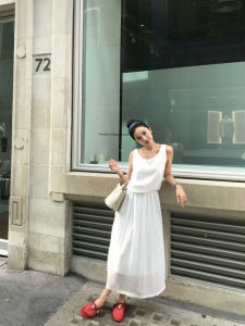 EAR RAE Summer Silk Chiffon Slimming Waistless Sleeveless Elastic Waist Casual A-Line Dress Lightweight Breathable Womens Dress