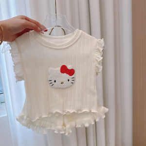 Baby Girls Summer Thin Set Cute Cartoon Trimmed Earlet Two-Piece Suit Breathable Polyester Cotton Blend Comfortable Outfit