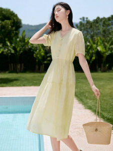 XIANGYING | Đầm Nữ Màu Vàng Cổ V Đính Ren Thêu Túi Bánh bèo Buộc Dây ở eo