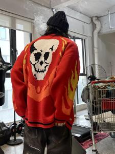 Medaigual American Style Red Skull Pattern Knitted Zipper Open Cardigan Mens Streetwear Sweater Long Sleeve Youth Fashion