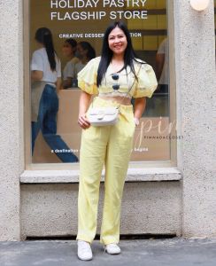 V Neck Button Front Short Puff Sleeve Geometry Top Cotton Lace Long Pants with Side Pockets and Belted Set