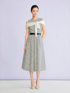 Round Neck Striped Silk Texture Waist Cinching Dress
