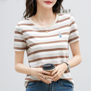 Women Short Sleeve Round-neck T-shirt Casual Tee Stripe Loose Tops 96% Cotton