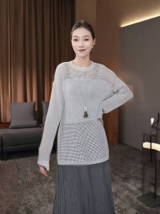 Elegant Hollow out Long Sleeve Ice Silk Knitted Cover up Top Womens Spring Summer Thin Fashionable Sun Protection Shirt