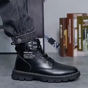 Trendy Korean Mens Martin Boots High Cut Waterproof Black Leather Street Style Motorcycle Shoes