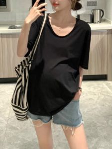 Áo Thun Cotton Dài Tay Cổ Tròn Rộng Rãi Mùa Hè Cho Phụ Nữ Mang Thai Áo Thun Cotton Nguyên Chất Dài Vừa Phải Áo Thun Cơ Bản