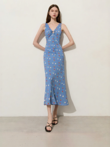 D-PLAY | Resort Wear Blue Floral V-neck Slimming Backless Hollow Out Dress