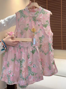 Shalldoer | New Chinese Style Heavy Embroidery Set Ladies Summer Floral Button Stand Collar Vest Shorts Two Piece Set Traditional Fashion