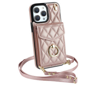 Luxury Leather Diamond Grid Ring Holder Stand Compatible with 14Promax Card Holder Mobile Phone Case Crossbody Hanging Rope Anti-Fall