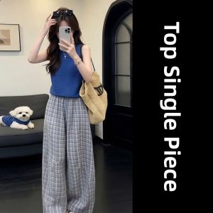 ZHENMANZI | Summer Stylish Korean Outfit Petite Blue Vest Plaid Pants Set