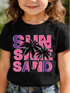 Bandai | Childrens Short-sleeved T-shirts for Boys and Girls Loose and Breathablesun Sea Sand Palm Tree Summer Beach