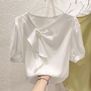 2025 New Style Slimming Neck Design Irregular Pleated Beaded Short Sleeve Womens Chiffon Shirt Summer Quality V-neck Casual Wear