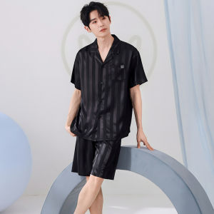miiow | Mens Ice Silk Sleepwear Short Sleeve Thin Home Clothes Set Large Size Summer Casual Polyester Fiber Comfortable Breathable