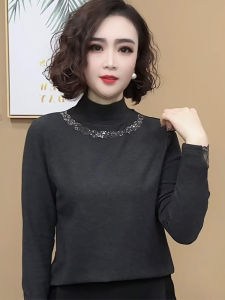 Fashionable Ageless Halter Neck T-Shirt Womens Base Layer Shirt Loose Fit Pure Color Rhinestone Slimming Casual Top