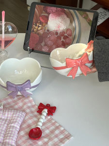 Ceramic Bowl Spoon Set Girls Heart Ins Korean Style Cute Butterfly Knot Breakfast Bowl Princess Style for Porridge And Soup