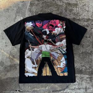 Bandai | 2026 Summer One Piece Zoro vs Mihawk Retro Cotton Print T-Shirt Adult Kids Breathable Casual Tee Anime Fans Short Sleeve Top