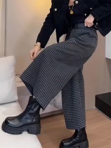 Quần Ống Rộng Lót Lông Cừu Dày Màu Xám Cho Nữ Mùa Thu Cỡ Lớn Dáng Quả Lê Quần Dài Đến Mắt Cá Chân