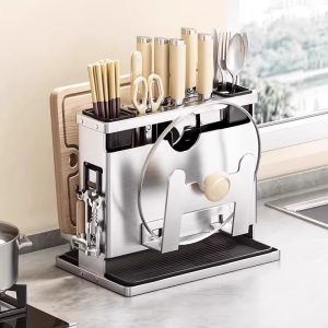 Stainless Steel Kitchen Storage Rack Multi-Function 304 Knife Holder Wall-Mounted No-Drilling Storage Shelf Anti-Mold