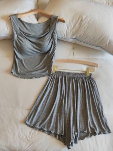 Womens Summer Sleepwear Set with Chest Pad Casual Home Clothes Modal Fabric V-Neck Short Sleeve Thin And Comfortable