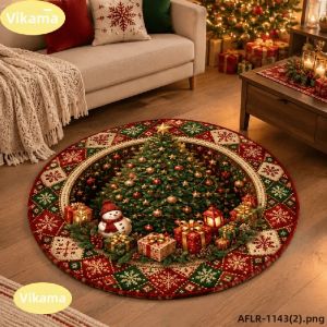 Thảm Tròn Giáng Sinh VIKAMA In Hình Tuần Lộc & Cây Thông Noel Thảm Tròn Chống Trượt Cho Phòng Khách Phòng Ngủ Phòng Ăn Trang Trí Nhà Cửa Ngày Lễ 100% Polyester