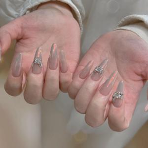 Handmade Luxury Gradient Bridal Nail Art Full of Diamonds Simple Aurora Nude Color Removable Long-lasting Wearable Nails