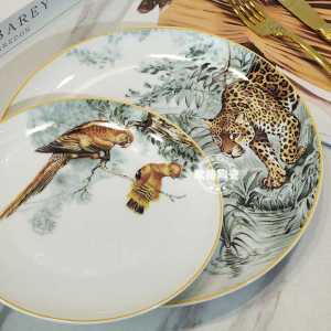 Luxurious Bone China Jungle Style Dinner Plate Steak Plate Afternoon Tea Dessert Plate Western Dining Utensils Gift Box Set