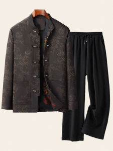 Mens Long Sleeve Fleece Lined Thickened Silk Pajamas Autumn Winter Casual Wear Middle-Aged And Elderly Style Plant Floral Pattern