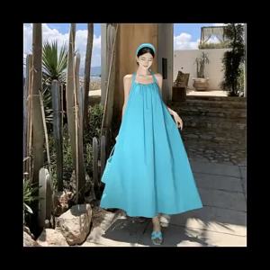 ชุดเดรสสายเดี่ยวเปิดหลังขนาดใหญ่สไตล์วันหยุดชุดเดรสผู้หญิงฤดูร้อนชุดเดรสเชือกแขวนคอฝรั่งเศสชุดชายหาดเวียดนามไทย