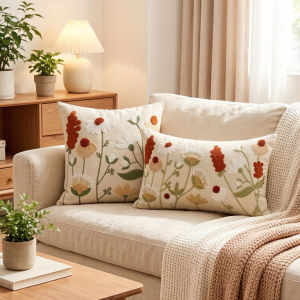 Spring Summer Floral Embroidered Decorative Throw Pillow Covers 12x20 Inch Farmhouse Beige Flowers Boho Cushion Case for Bedroom