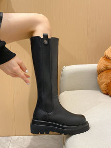 Wide Calf High Boot Womens Knight Boot Winter New Style Ultra-Fine Fiber Leather round Toe Waterproof Platform Rubber Sole