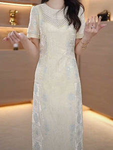 Elegant Embroidered Ice Bamboo Silk Dress Womens Summer Fashion Slimming Tummy Covering Luxury Dress A-Line Skirt