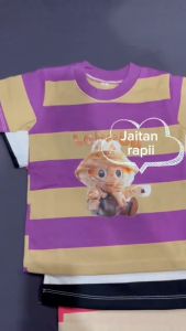 Baju Kaos Anak dan Celana Pendek Setelan Model Salur Motif Labubu Viral