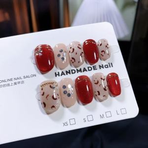 Handmade Short Leopard Print Nail Tips Wearable Red Cat Eye Design High Quality New Year Collection False Nails Tips Set