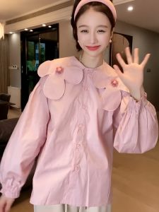 Áo Sơ Mi Nữ Tay Dài Cổ Bẻ Màu Hồng Ngọt Ngào Hoa Cài Nút Mùa Thu 2025 Cỡ Lớn Phong Cách Đơn Giản Mặc Trong