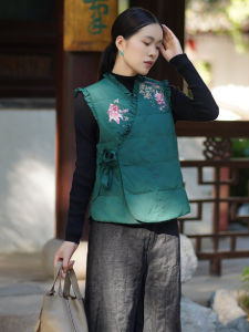 Original Artistic Vintage Chinese Style V-neck Embroidered White Duck down Warm Waist-cinching Belted Vest Short Length Single Button