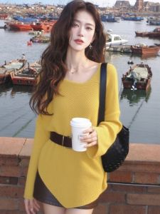 Autumn Winter Yellow Knitted Sweater Womens Waist-Cinching Soft Comfortable Fashionable Korean Style High Waist Type Long Sleeve