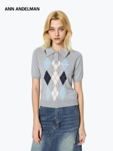 ANN ANDELMAN | Polo Collar Rhombic Knit Short Sleeve Stand Collar Women T-Shirt
