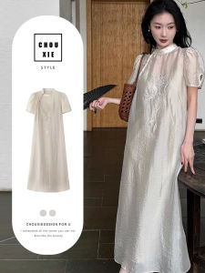 Elegant New Chinese Style Cheongsam Dress Womens Summer Fashion High Collar Long Sleeve Floral Embroidery Cold Shoulder Dress