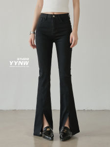 กางเกงยีนส์ทรงขาบานเอวสูงสีดำ ทรงสลิมฟิต ทรงลำลอง กางเกงขายาวทรงขาบานสำหรับผู้หญิง ทรงลำลอง ฤดูร้อน 2025