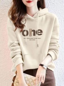 Big Brand Leak-Picking Pure Cotton Sweatshirt Womens Autumn and Winter Fleece-lined Thickened Letters Print Minimalist Casual Hooded Jacket Coat