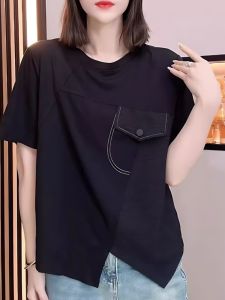 Black Pure Cotton T-Shirt for Women Summer Loose Fit Long Sleeve Casual Work Clothing With Pocket Fashionable Slim Fit Half Sleeve Top