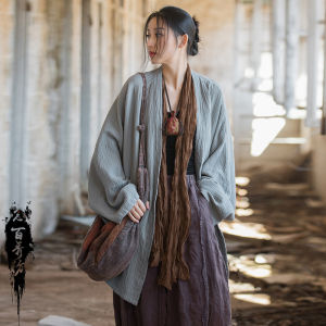 Trang Phục Nữ Cotton Lanh Mùa Xuân Áo Cardigan Ngồi Thiền Văn Nghệ Rộng Lớn Họa Tiết Tự Thiết Kế Cotton Hai Lớp Mẫu Mới Áo Khoác Thái Cực Tu Thiền