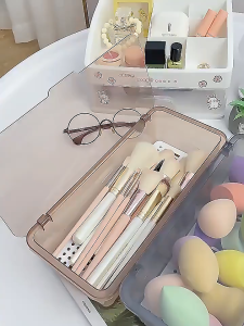 【i.Rumah】 Transparent Dust-proof Cover Makeup Brush Storage Box Large Capacity Makeup Brush Holder Desktop Makeup Sponge Holder