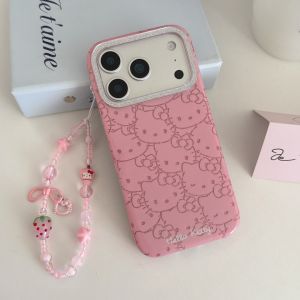 Full Screen Pink Lines Hello Kitty Glitter Phone Case For iPhone 17 Pro 16 15 14 13 17 Pro Max Y2K Pink Girl Shockproof Cover