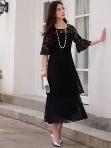 2025 New Summer Lace Slim Fit round Neck Dress Womens Long Skirt Daily Mini Dress Polyester Fabric Spring Summer Autumn