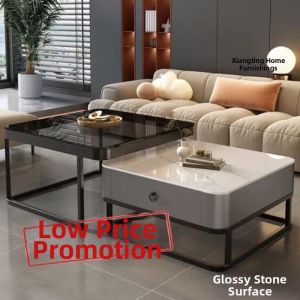 MAIYUQI | Modern Minimalist Small Apartment Living Room Square Rock Plate Glass Coffee Table